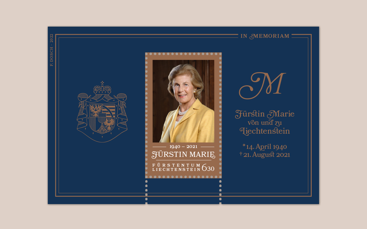 Philatelie-Liechtenstein-Briefmarke-in-Memoriam-Fuerstin-Marie-von-und-zu-Liechtenstein-Design-Fabienne-Dosch